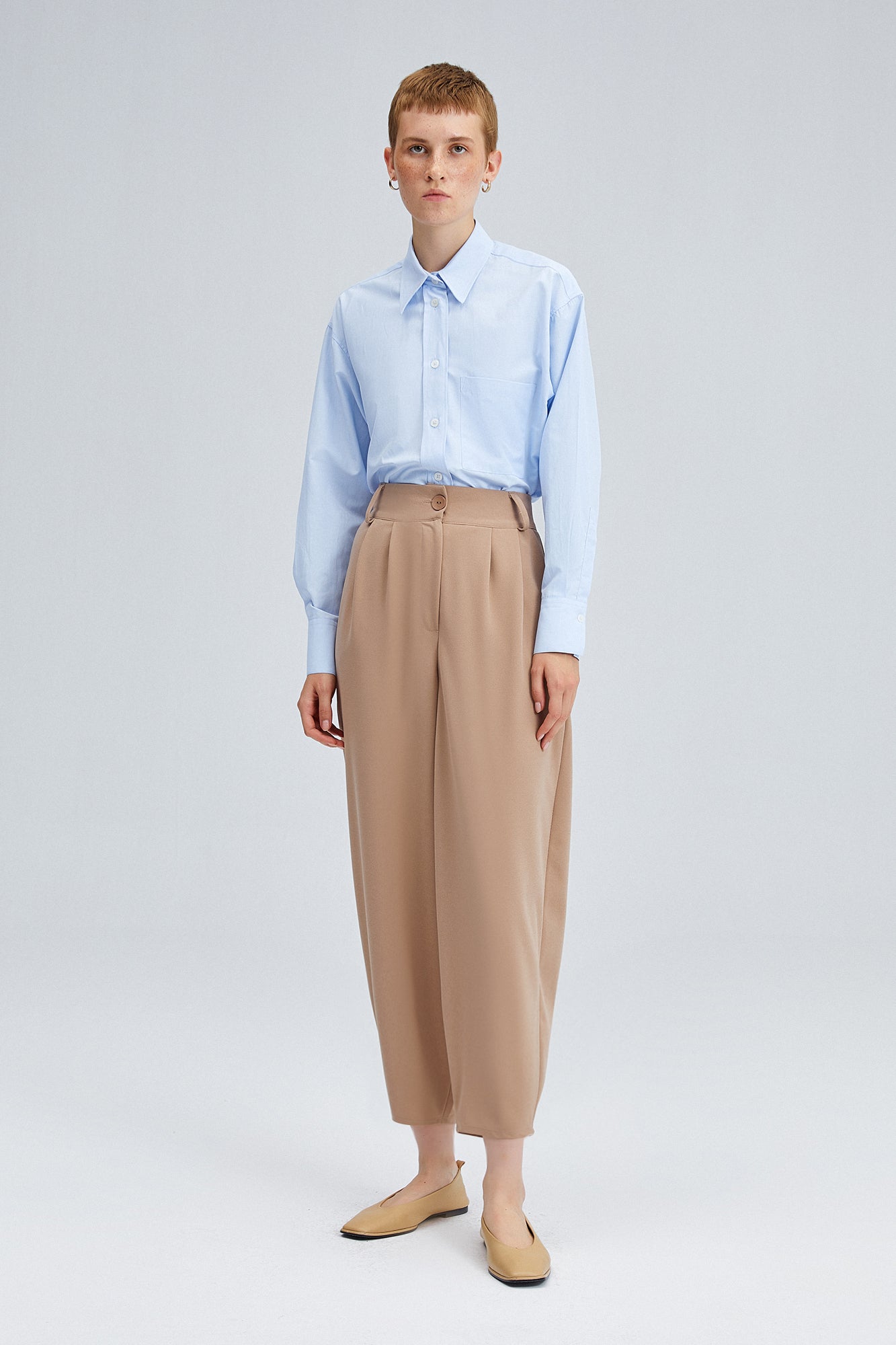 A wholesale clothing model wears High Waist Shalwar Trousers - Brown, Turkish wholesale Pants of Touche Prive