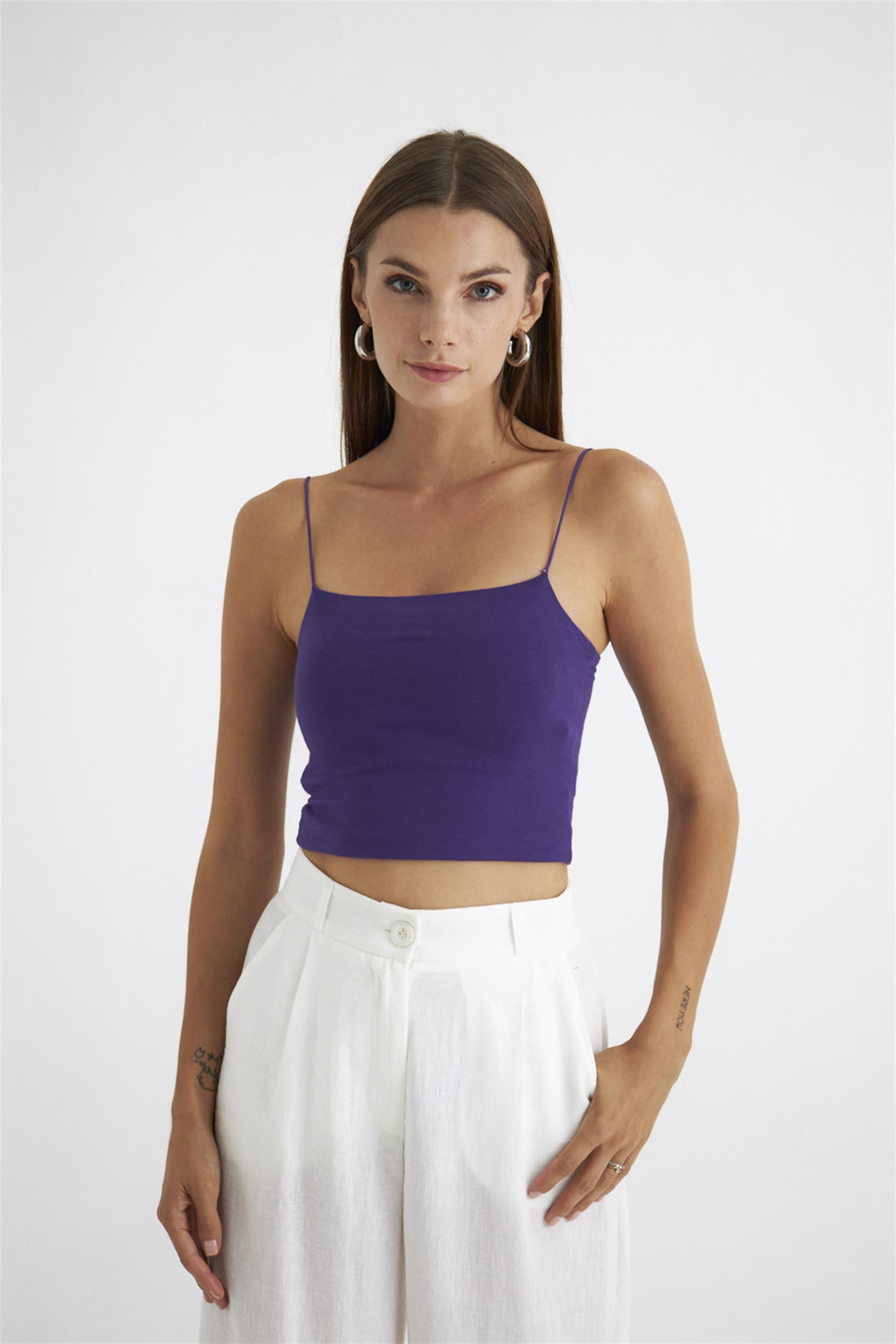 A wholesale clothing model wears Rope Strap Crop Top - Purple, Turkish wholesale Crop Top of Tuba Butik