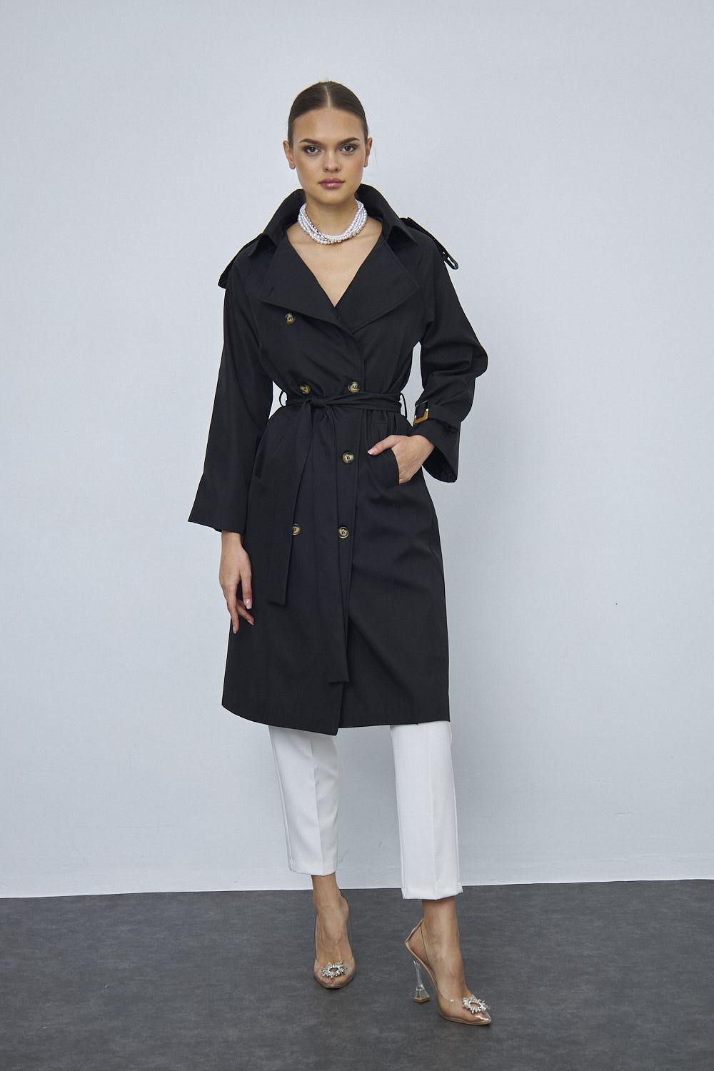 A wholesale clothing model wears Double Breasted Buttoned Long Women's Trench Coat - Black, Turkish wholesale Trenchcoat of Tuba Butik