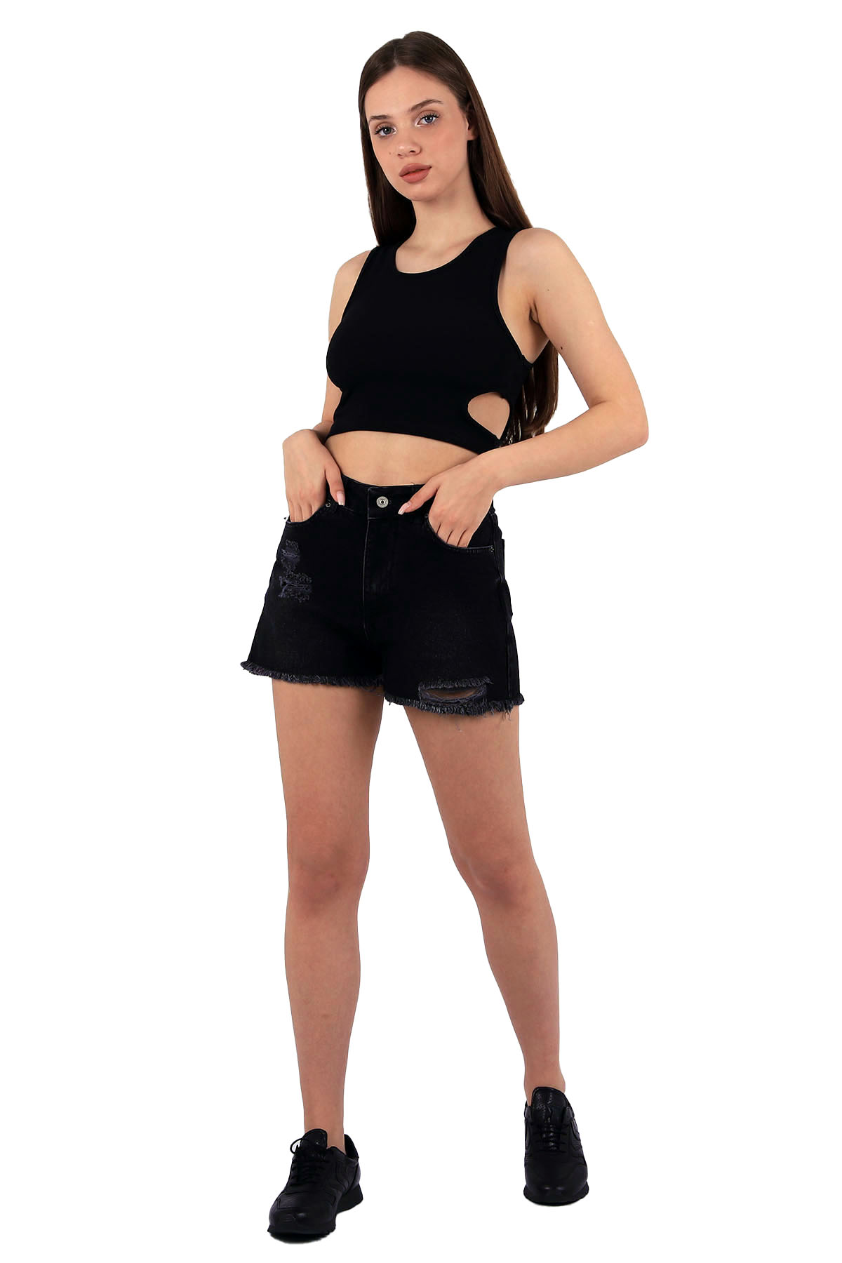 A wholesale clothing model wears Denim Shorts - Anthracite, Turkish wholesale Denim Shorts of XLove