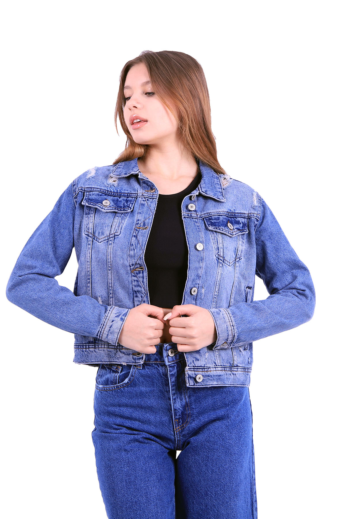 A wholesale clothing model wears Denim Jacket - Navy Blue, Turkish wholesale Denim Jacket of XLove