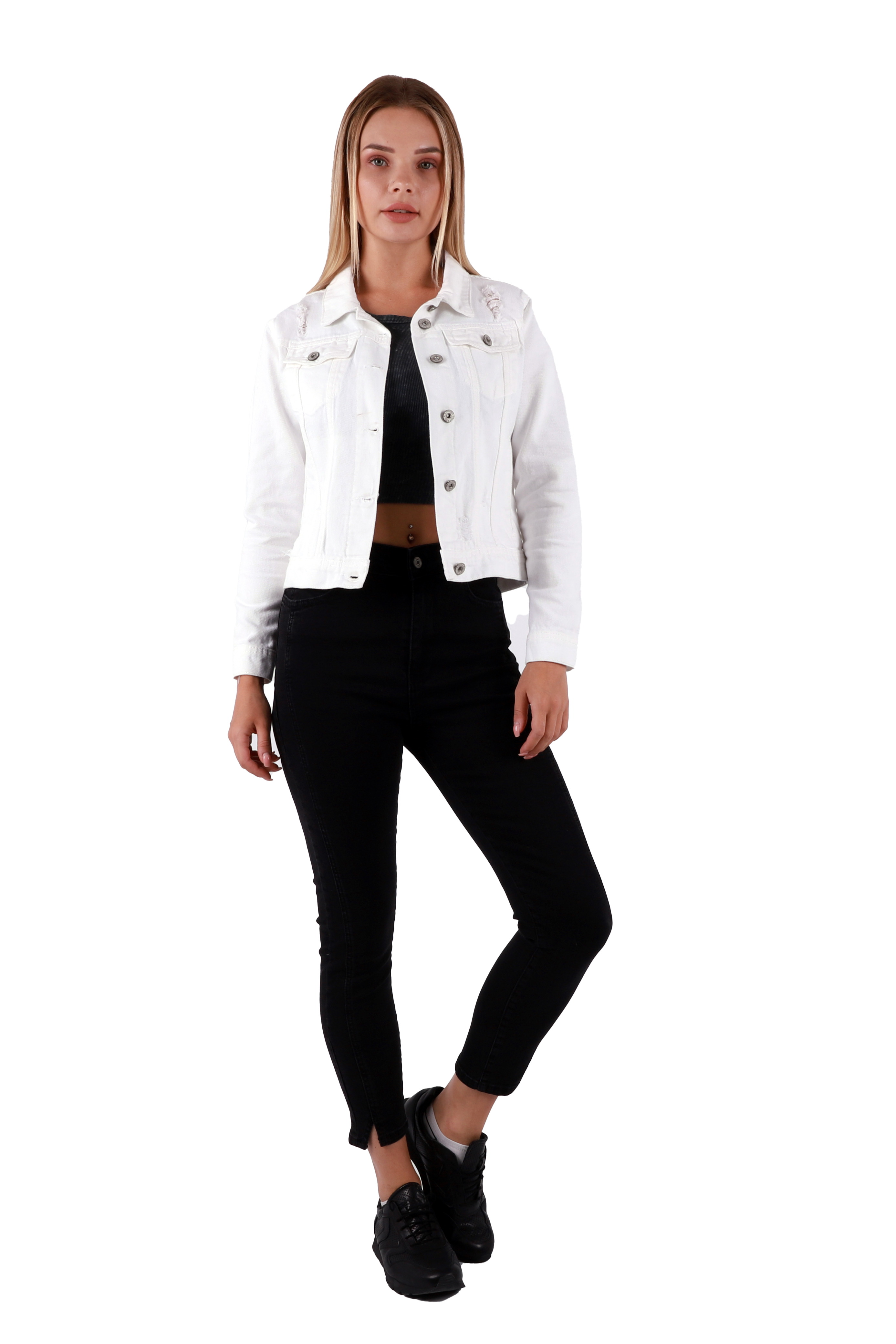 A model wears 37402 - Denim Jacket - White, wholesale Denim Jacket of XLove to display at Lonca