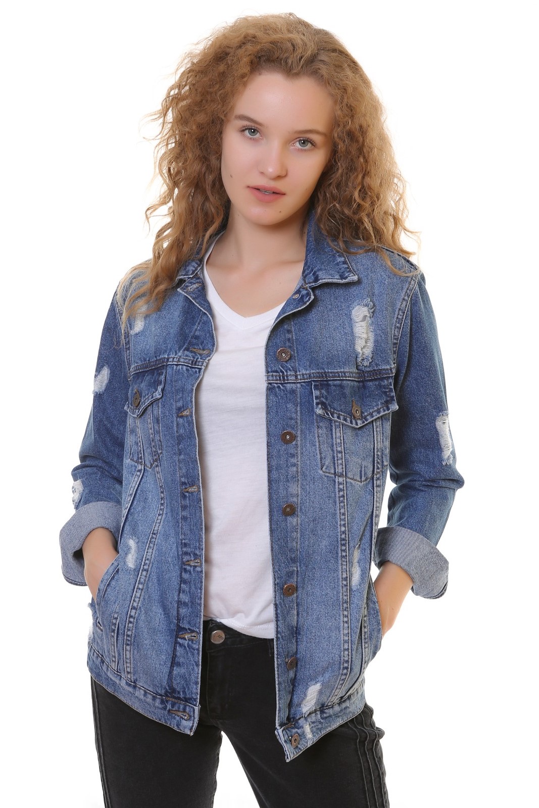 A wholesale clothing model wears Denim Jacket - Dark Blue, Turkish wholesale Denim Jacket of XLove